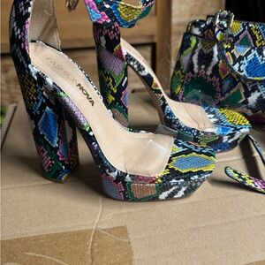Fashion Nova Multicolor Snakeskin Platform Heels with handbag